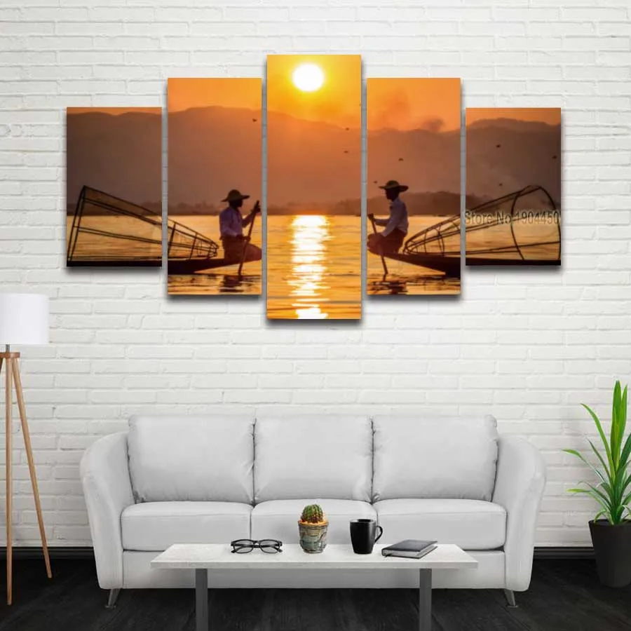 116 45 De Réductionimprimé Pêcheurs Pêche Coucher De Soleil Peinture Sur Toile Moderne Paysage Image Pour Décor à La Maison Salon Mur Arrière Plan