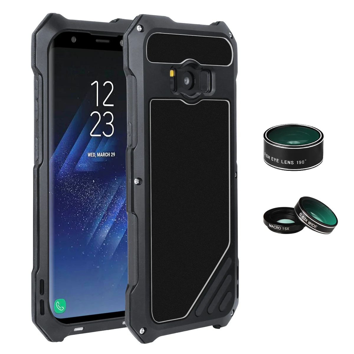 Противоударный металлический алюминиевый чехол для samsung S8 S8Plus с рыбий глаз Широкоугольный макро объектив Крышка для samsung Galaxy S8 S8 Plus - Цвет: black