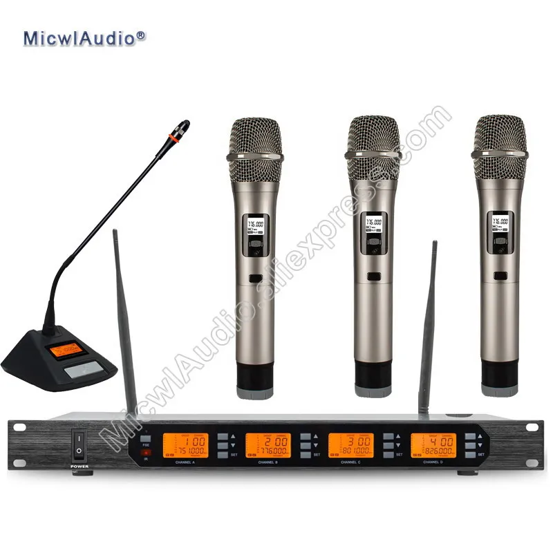 المهنية UHF 4 قناة الرقمية اللاسلكية ميكروفون نظام مع 3 + 1 Multiattribute D400 الثابتة Frequences Micwl. الصوت