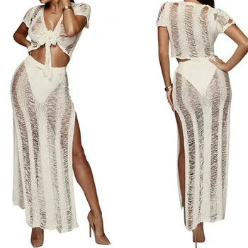 

High Quality V-neck Bowknot Short Sleeve Knit Dress Hollow Out See-through Sexy Crop Top+Slit Skirt 2 Pieces Women's Set 2019