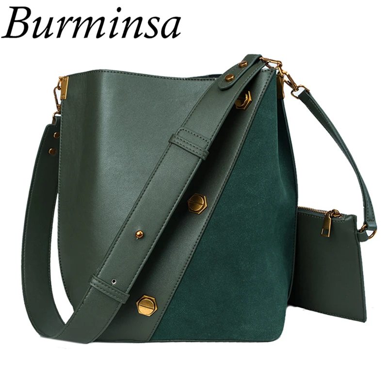 

Burminsa Patckwork Suede Big Bucket Women Shoulder Bags Vintage Wide Strap Ladies Messenger Bags Large Capacity A4 Work Handbags