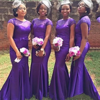 

Purple Plus Size Bridesmaid Dresses Cap Sleeves Sheath Bridesmaid Dress With Bow Satin African Vestidos Wedding Guest Dess-in Br