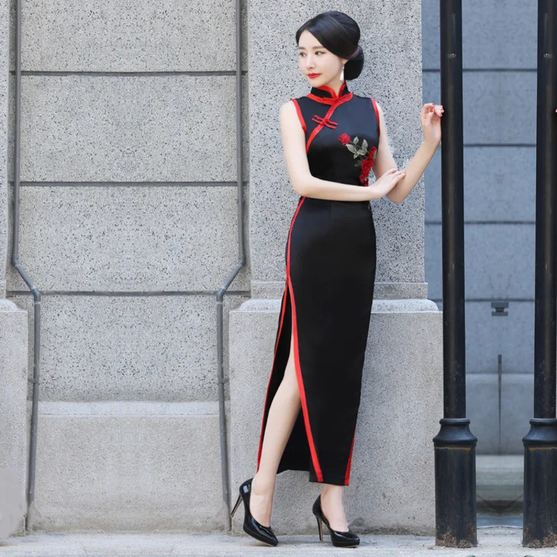 Chinese Traditional Dress Evening Dresses Casual Fashion Long Cheongsam Vintage Robe Orientale Embroidery Qipao Silk Elegant