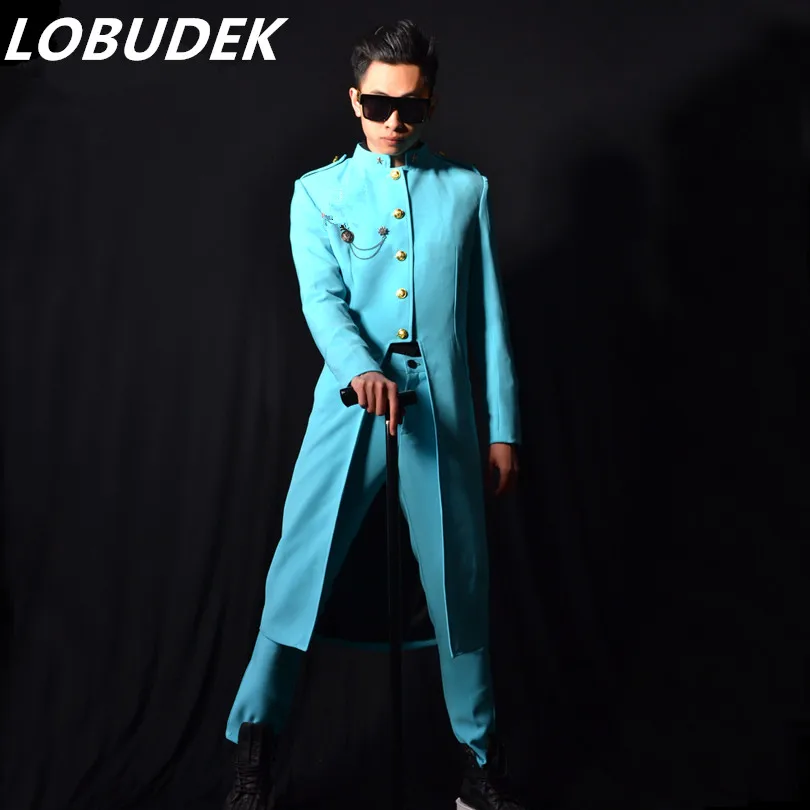 Зеленая синяя длинная куртка тренчи для мужчин Вечерние Пром танцор певец представление шоу одежда на открытом воздухе тонкая одежда