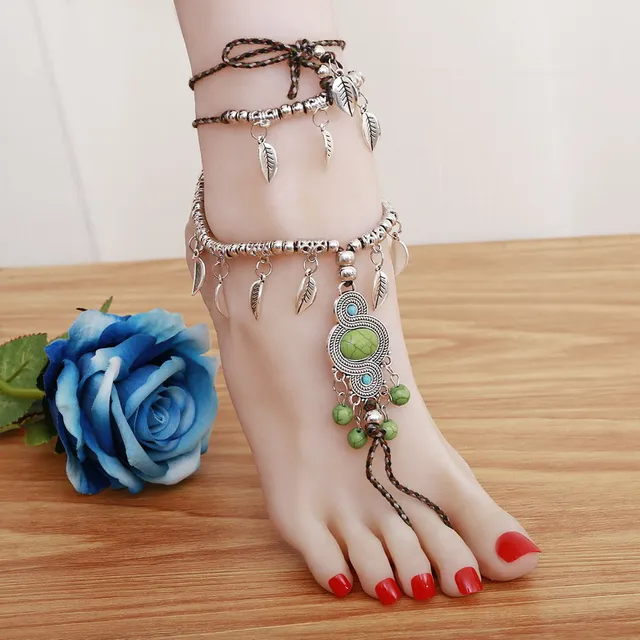 ZOSHI Women Foot Jewelry Boho Leaves Simulated blue stone Stone