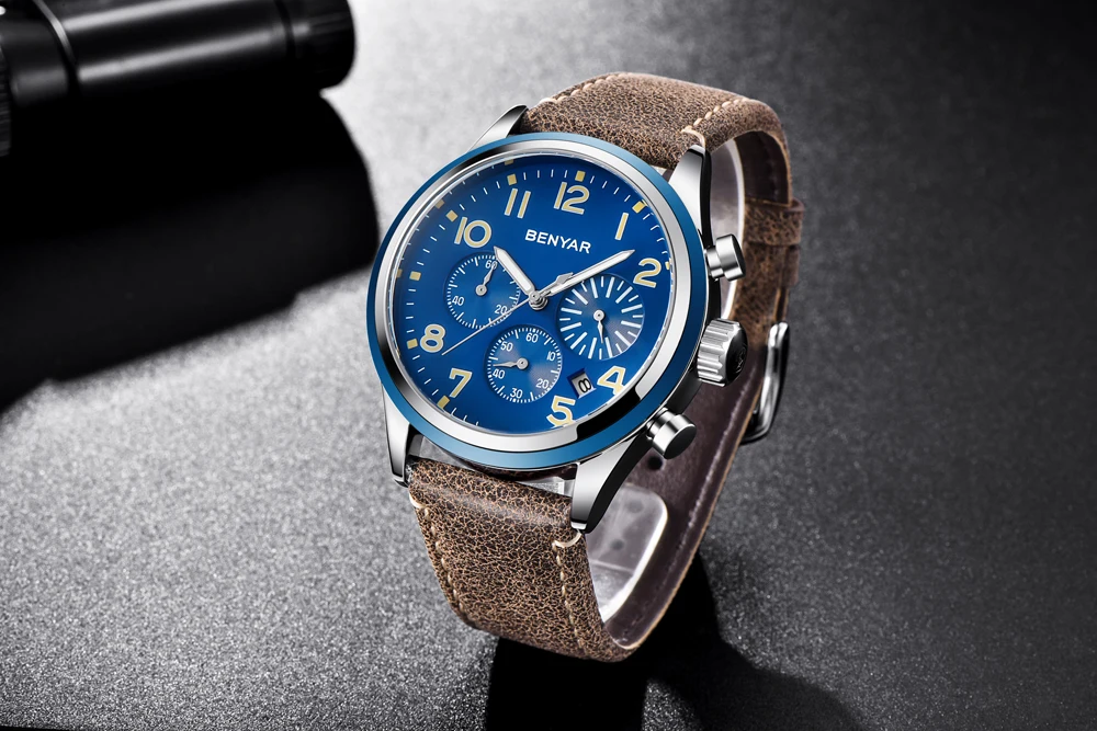 Новое поступление Benyar для мужчин часы лучший бренд класса люкс мужской кожаный водостойкий Спорт Кварцевый Хронограф Военная Униформа