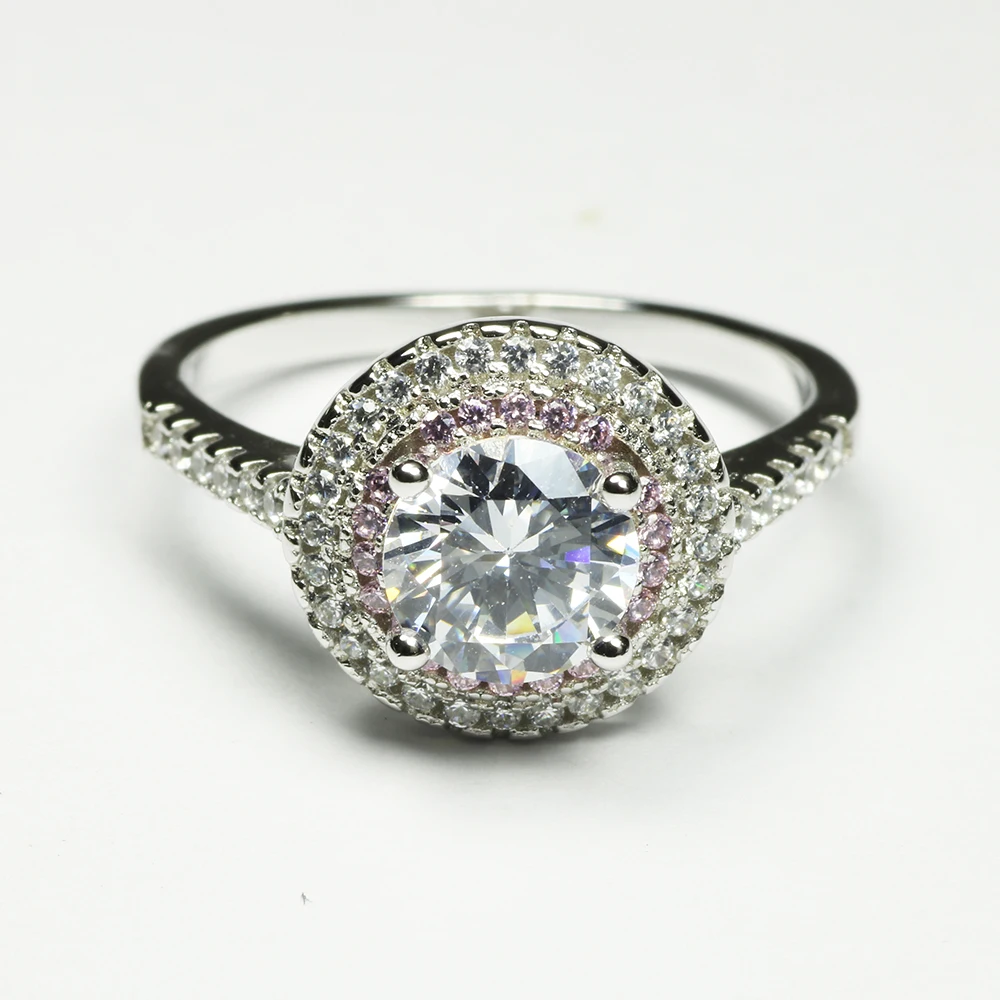 

Wedding Rings For Women Luxury Round Brilliant Cut Exaggerated Double Layers Pink Color Cubic Zirconia Ring 925 Stamped