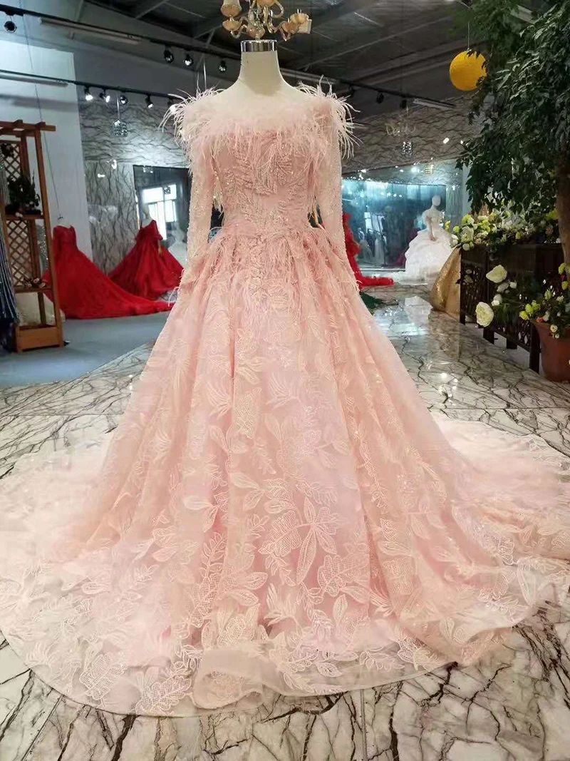 LSS263 розовые пышные платья для девочек с длинными рукавами из тюля с круглым вырезом и аппликацией в виде перьев, платья для выпускного
