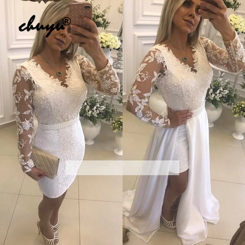

White Muslim Evening Dresses Mermaid Detachable Slit Islamic Dubai Saudi Arabic Formal Evening Gown Prom Dress