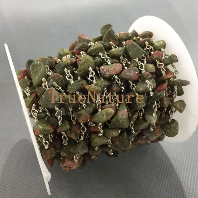 

Unakite Slice Beaded Chains Silver Electroplated Wire Bracelets Making Wrapped Rosary Chains 5 Meters 6-10 mm RC4984