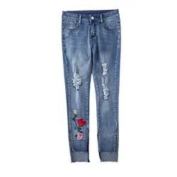 Для женщин вышивка узкие джинсы середины талии джинсовые штаны цветочный рваные Женские повседневные джинсы светло голубой AA11258