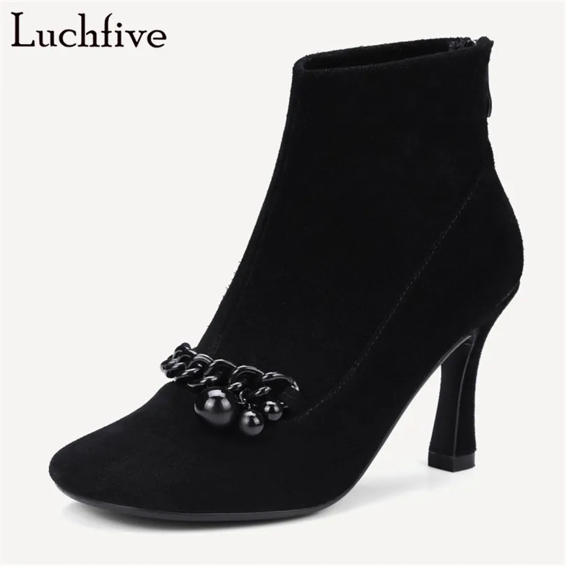 Spring autumn cow suede ankle Boots for women high heels runway round toe back zipper shoes metal chain beaded short boots 