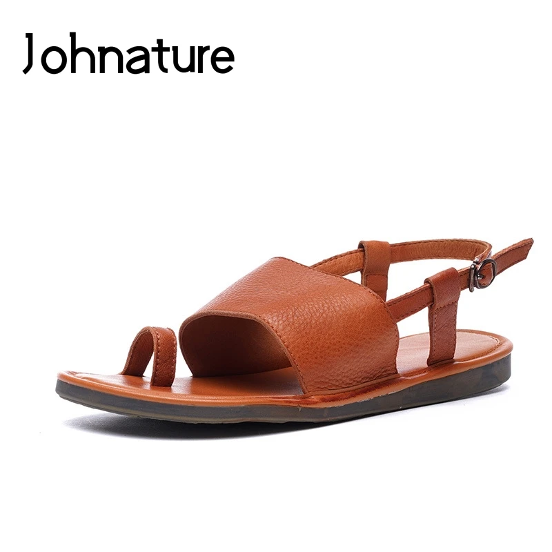 

Johnature Genuine Leather Simple Casual Buckle Strap Summer Sandals Solid Retro Shallow Back Strap Fashion Flat With Women Shoes