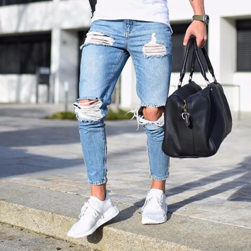 

Summer Thin Jeans Men Fashion Streetwear Mens Jeans Destroyed Ripped Design Fashion Pencil Pants Ankle Skinny Men Jeans
