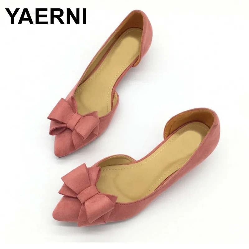 

YAERNI 2019Sexy Pointed Toe Women's D'Orsay Low Heels Pumps Flock Bowtie Slip On Female Low Heels Shoes Ladies Single Shoes E794