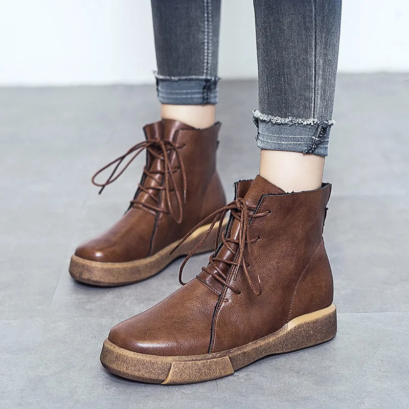 

Masorini Women PU Leather Ankle Boots Female Winter Autumn Warm Comfortable Lace up Boots England Style Flat Heel Shoes W-228