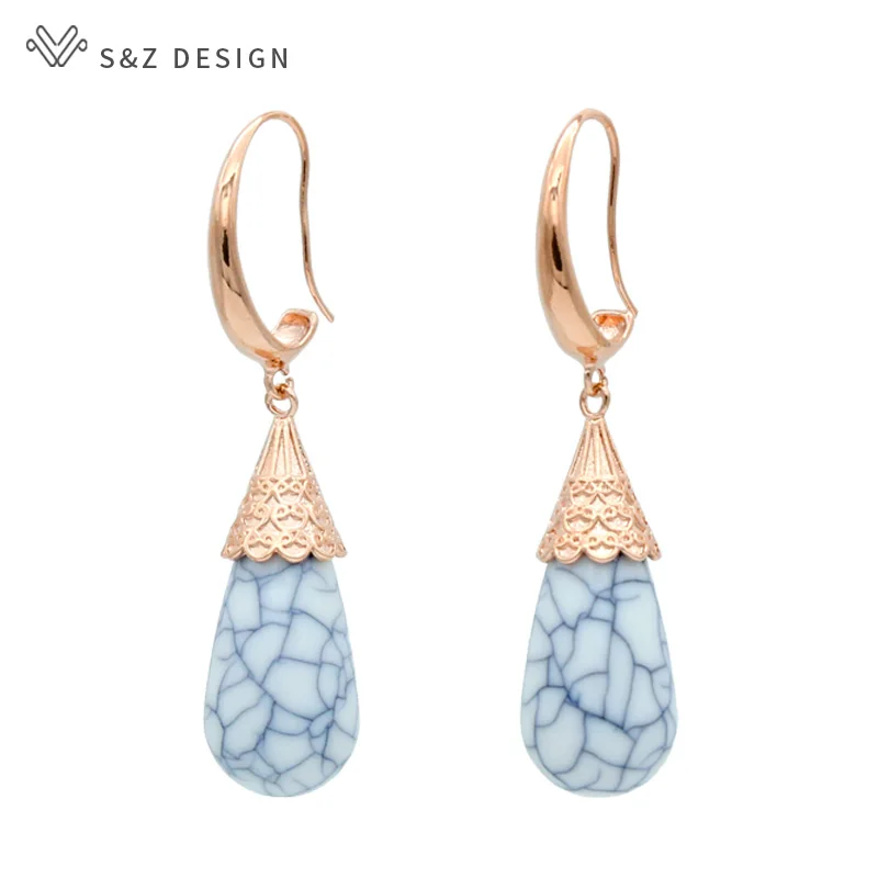 

S&Z Classic Vintage Water Drop Synthetic Turquoises Dangle Earrings 585 Rose Gold For Women Girl's Trendy Party Jewelry
