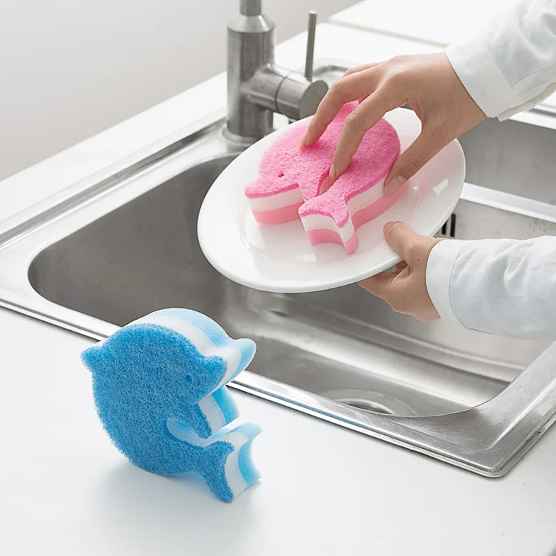 

2 pcs Fashion cute cartoon dolphin shape decontamination cleaning kitchen household assistant pot dish sponge wipe