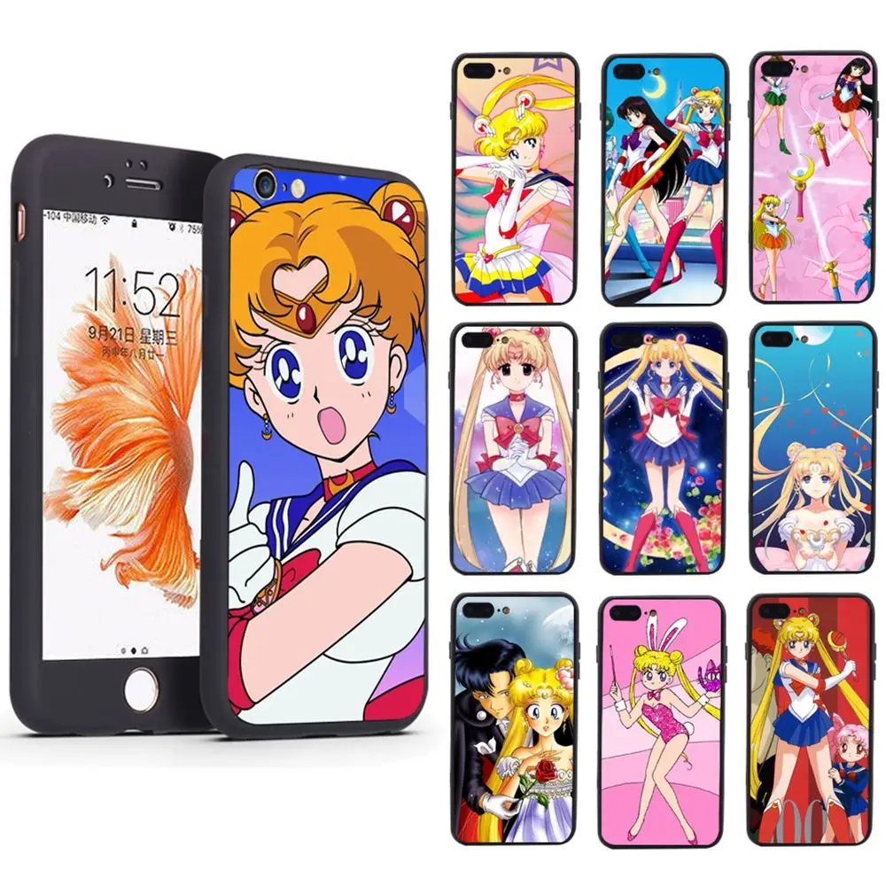 

Cute Anime Sailor Moon Bunny Couple Fashion 360 Degree Full Protection Black Soft Phone Case Cover For iPhone 5 6 7 8 Plus X XS