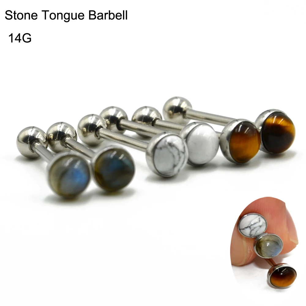 1Piece Titanium Or Steel Barbell Labradorite Tiger Eye White Line Stone Tongue Barbell Ring Body Piercing Tougue Bar Jewelry