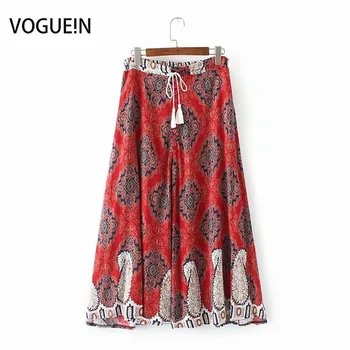 

VOGUEIN New Womens Floral Print Elastic Waist Plus Size Midi Skirt Red Yellow Wholesale