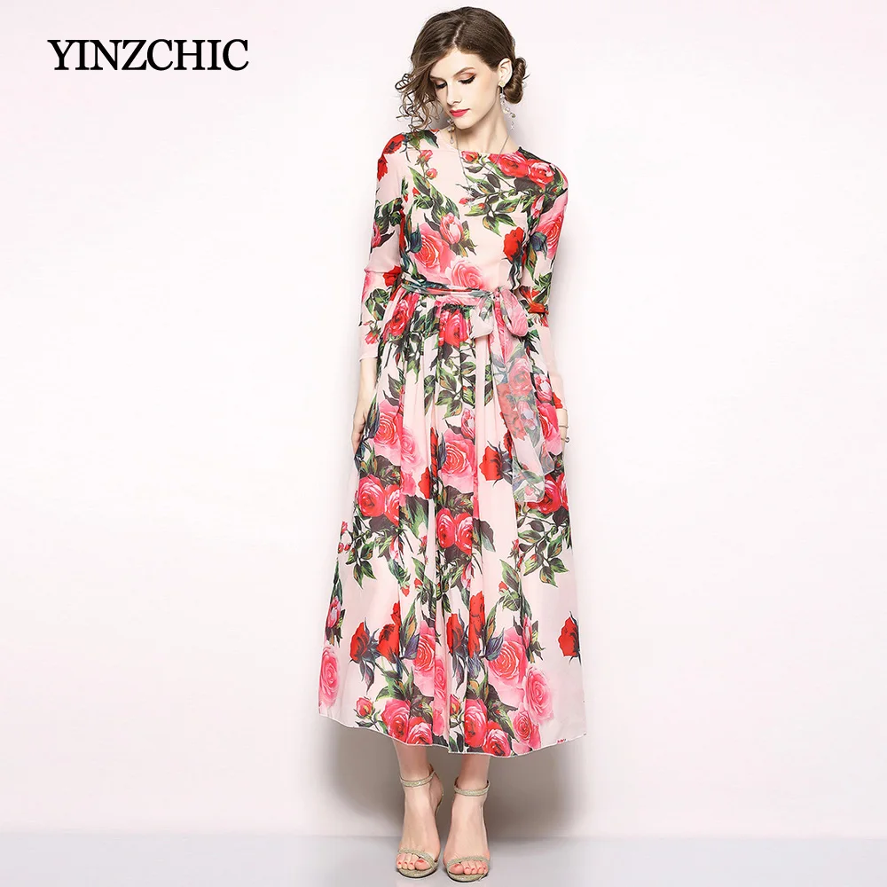 

fashion woman floral print chiffon dress full sleeve female a-line party dress sash waisted ladies elegant dress