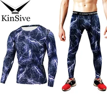 Для мужчин компрессионный спортивный костюмы 3D с принтом молнии свитер Длинные футболка и брюки для фитнеса, тренировки колготки спортивный костюм из двух предметов комплект для