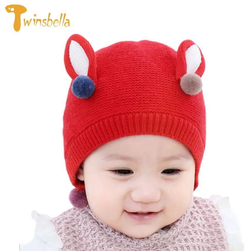 2018 New Boys Girls Cute Ear Hat Toddler Infant Double Pom Pom Cap Warm Knitted Beanie Winter Bonnet For Children Kids Beanie