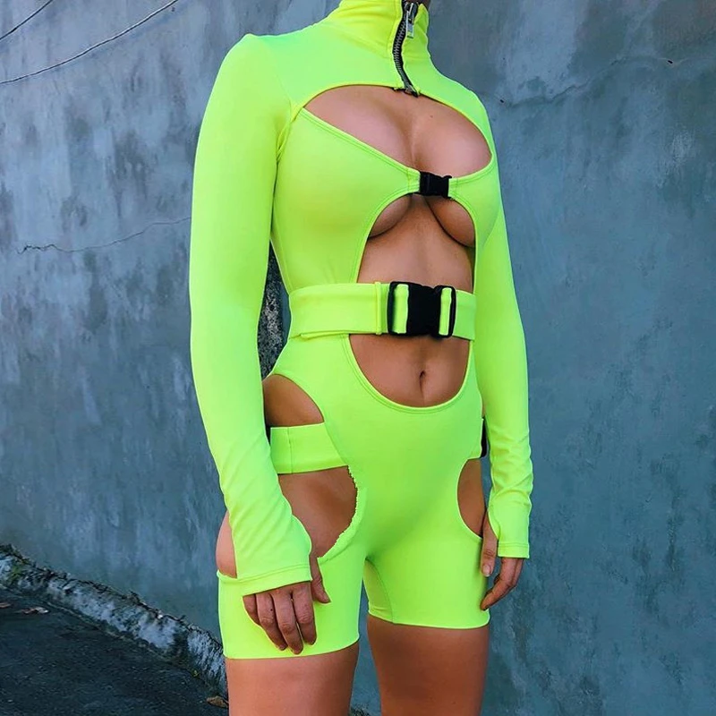

KGFIGU Women playsuits 2018 Fall long sleeve high neck Buckle rompers womens jumpsuits sexy cut out Overall streetwear Clothes