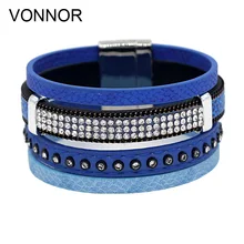 Vonnor Jewelry Для женщин браслет Многослойная кожа горный хрусталь Аксессуары женский Браслеты с магнитной застежкой