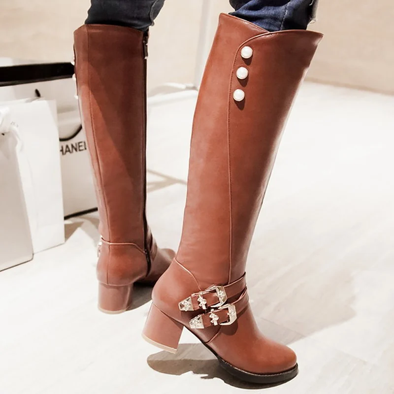 

Leather boots women crystal buckle big size 4-10.5 short plush zip knee high riding boots increase ladies boots winter