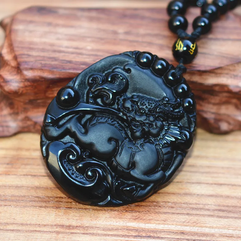 Natural Black Obsidian Stone Pendant Carved Chinese Kirin Dragon ...