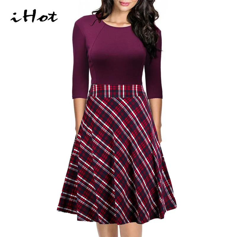 Fall Womens Vintage Retro Plaid Patchwork A line Half Sleeve Cocktail Party Skater Dress Casual font