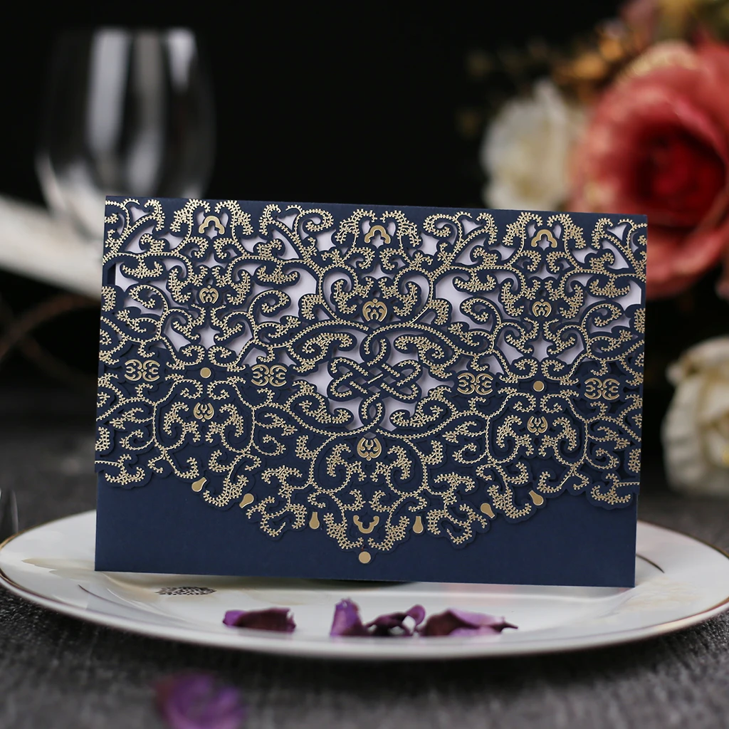 Royal Blue Wedding Party Lace Flower Invitations Cards Greeting Cards for Wedding Table Decoration