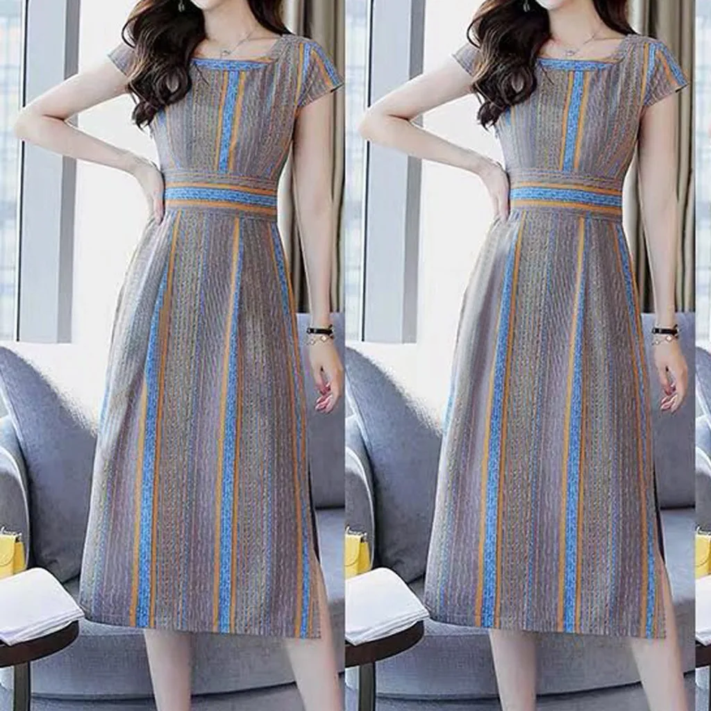 

Women Short Sleeve Striped Print Dress Printing Fork Opening O-Neck Knee Length Dress Cute Receive Waist Elegant Dress G0527#20