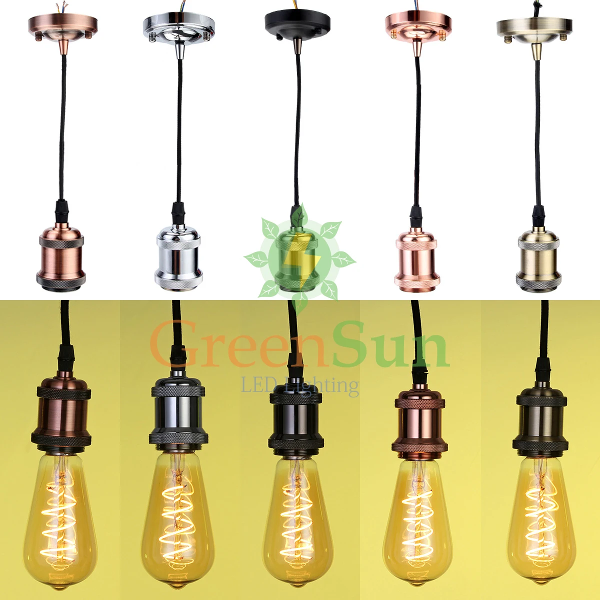 Günstig GreenSun 5Pcs E27 Antike Messing Retro Schraube Birne Basis Anhänger Licht Halter Set Decke Rose Licht Buchse Mit 1,35 M Kabel