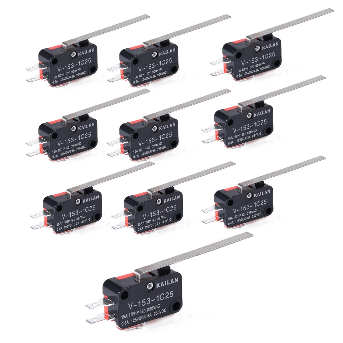 10pcs V-153-1C25 Black Red Limit Switch Mayitr Long Straight Hinge Lever Type SPDT Micro Switches 30mm*16mm*12mm