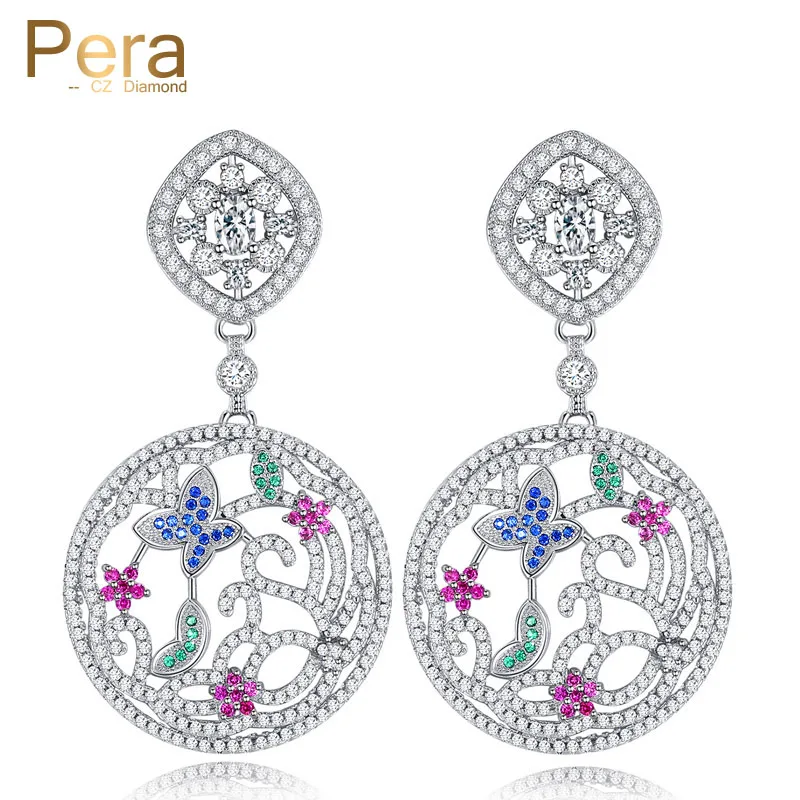 

Pera Sparkling White Gold Color Full CZ Stone Setting Russian Women Big Long Drop Earrings Jewelry With Colorful Butterfly E153