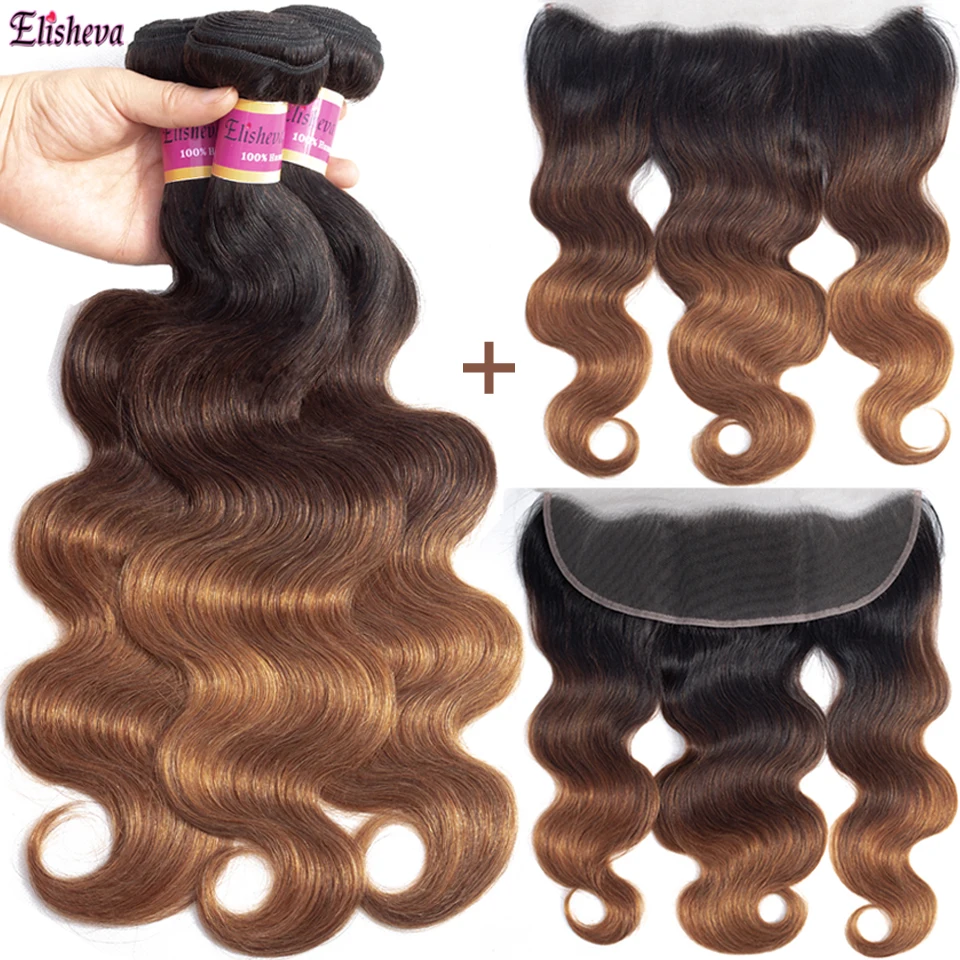 

Elisheva Body Wave Ombre 1B/4/30 Bundles With Frontal Brazilian NonRemy Human Hair Bundles with 13x4 Frontal Closure Extensions