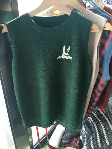 Осенний Асимметричный Повседневный шерстяной свитер для женщин, вязаный жилет с милым Кроликом, Женское пальто без рукавов, женский жилет - Цвет: Зеленый