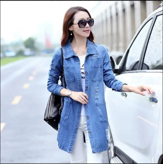 Демисезонный Для женщин с длинным рукавом Джинсы Пальто Повседневное рваные длинная джинсовая куртка Верхняя одежда 4XL 5XL RQ231