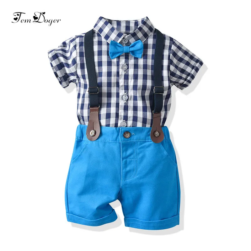 

Tem Doger Baby Boy Clothing Sets Summer Infant Newborn Baby Boys Clothes Plaid Tie Tops+Overall 2PCS Outfits Bebes Clothing