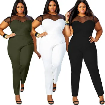 

Womens Jumpsuits Mesh Stitching Sexy Fashion Short-Sleeve Round Neck Jumpsuit Cause Loose Women Rompers Oversize Plus Size L-4XL