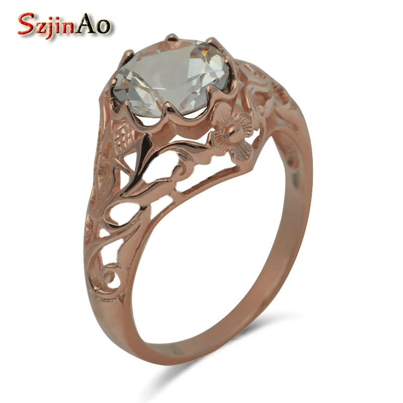 Szjinao Custom Luxury Hollow Out Delicate Natural White Stone 14 k Rose Gold Engagement Rings Wedding Rings Wholesale