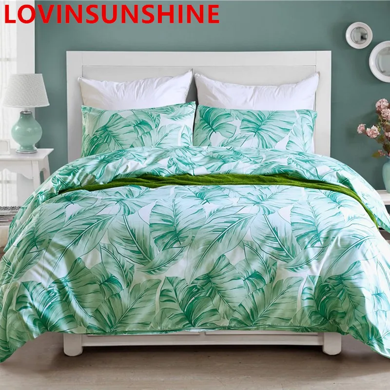

LOVINSUNSHINE green leaves plants print bedding sets 60S bed linen satin duvet cover set with piping pillow covers King Size