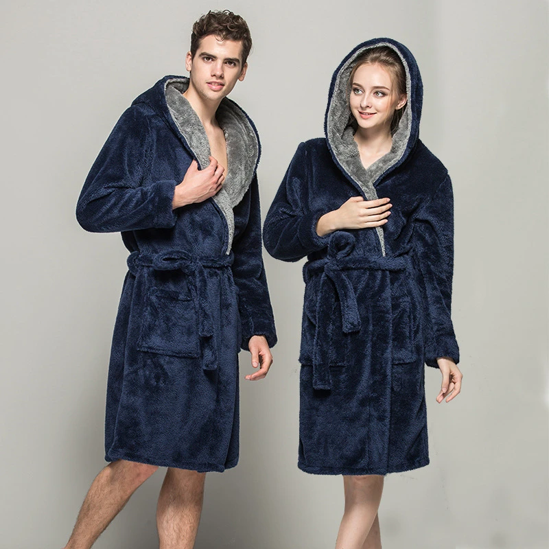 

Winter Lovers Bathrobe With Hooded Couple Robe Flannel Warm Bath Robes Dressing Gown Woman's Nightgown Men's Bathrobe Homewear