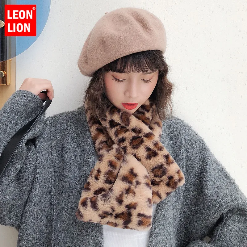 

Lmitation Rabbit Fur Collar Scarf Women Keep Warm Thickening Fur Sjaal Colorful Leopard Print Cross Winter Scarf Autumn Winter