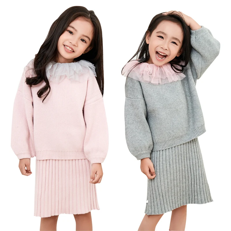 

Baby Girls Knit Sweater + Sling Dress Set Autumn Winter Children Clothing Big Girl Princess Sling Dress and Mesh Collar Top Sets