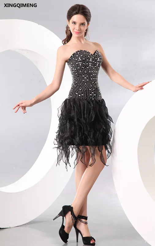 Black Elegant Cocktail Dresses Crystal Beaded Sexy Strapless Satin