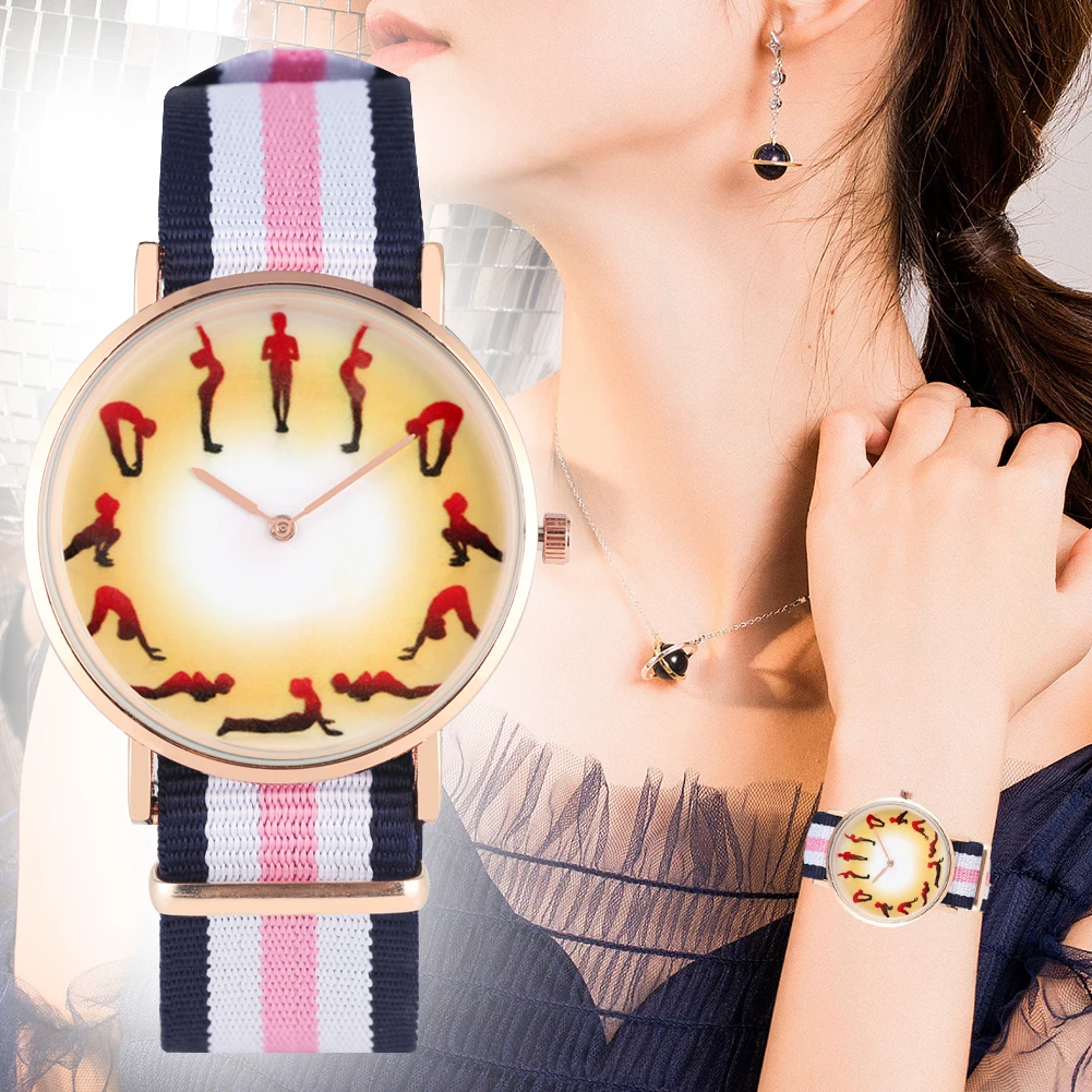 

Women's Watch A Woman Practicing Yoga Pattern Dial Watch for Lady Mixed Color Nylon Strap Wristwatch for Female